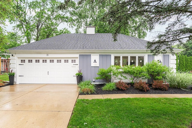 30 Beau Meade Rd, Oswego, IL 60543 - single story home featuring board and batten siding, a garage, concrete driveway, a shingled roof, and a chimney