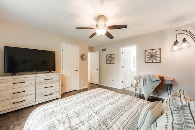 30 Beau Meade Rd, Oswego, IL 60543 - bedroom with dark wood-type flooring, baseboards, connected bathroom, and ceiling fan