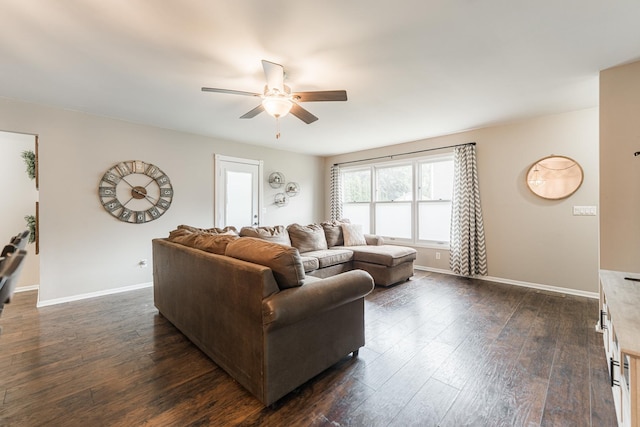 30 Beau Meade Rd, Oswego, IL 60543 - living room with a ceiling fan, dark wood-style floors, and baseboards
