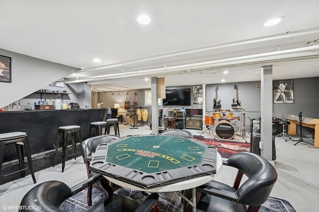 8212 S Bishop St, Chicago, IL 60620 - recreation room with a bar, concrete floors, and recessed lighting