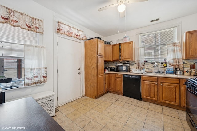 8212 S Bishop St, Chicago, IL 60620 - kitchen featuring black appliances, backsplash, a ceiling fan, and brown cabinets