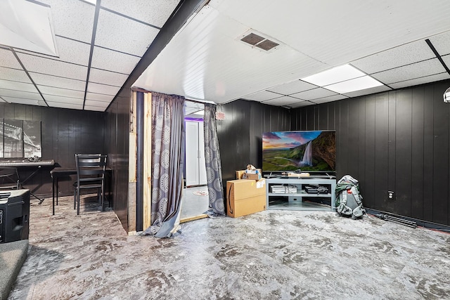 17715 Roy St, Lansing, IL 60438 - living area with a drop ceiling and wooden walls