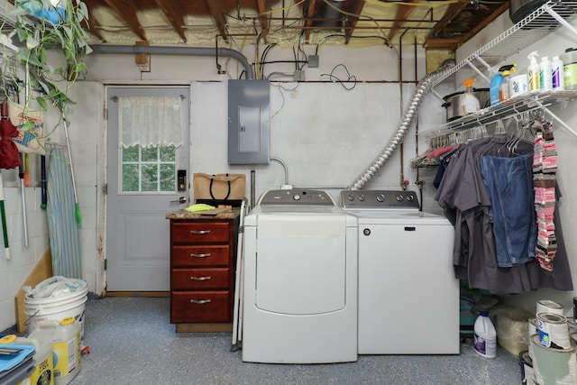 8524 Carriage Hills Rd, Bloomington, IL 61705 - laundry area featuring washer and clothes dryer, electric panel, and concrete block wall