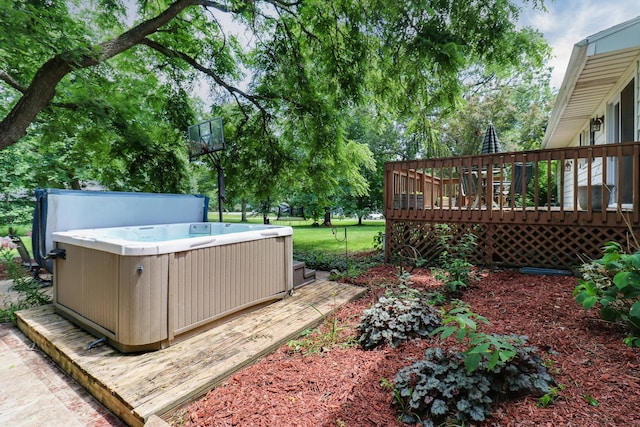 8524 Carriage Hills Rd, Bloomington, IL 61705 - view of yard featuring a hot tub and a wooden deck