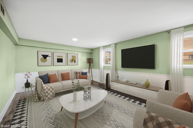 803 W Miner St, Arlington Heights, IL 60005 - living room featuring wood finished floors, recessed lighting, and a wainscoted wall
