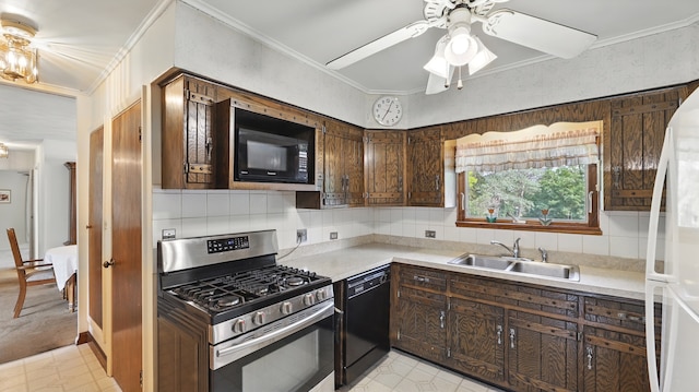 540 W Madison St, Lombard, IL 60148 - kitchen featuring black appliances, a sink, light countertops, ornamental molding, and a ceiling fan