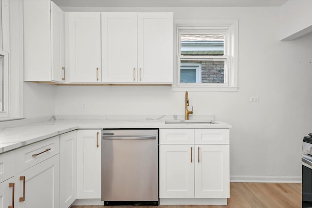3633 N Lotus Ave, Chicago, IL 60641 - kitchen featuring stainless steel dishwasher, white cabinetry, and light stone counters