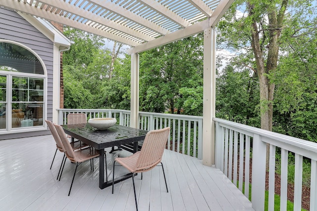 26W231 Tuckaway Ct, Winfield, IL 60190 - wooden deck with outdoor dining area, a pergola, and view of wooded area