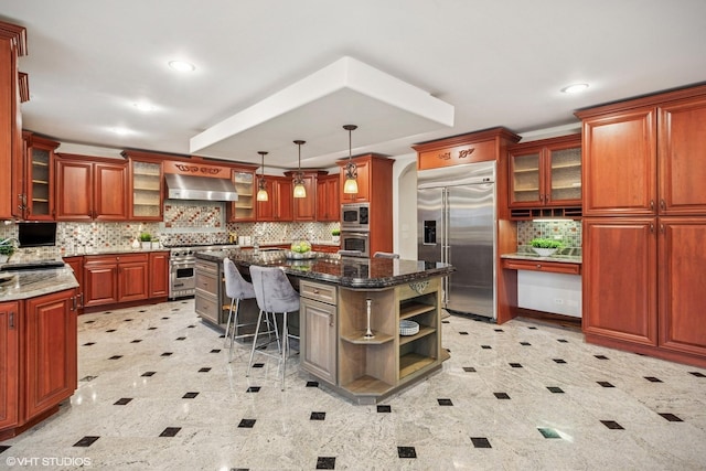 3832 W Chase Ave, Lincolnwood, IL 60712 - kitchen featuring built in appliances, open shelves, wall chimney range hood, a kitchen island, and dark stone countertops