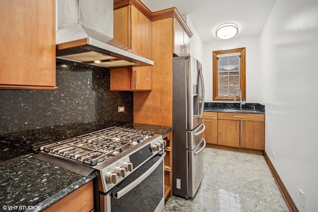 3832 W Chase Ave, Lincolnwood, IL 60712 - kitchen featuring appliances with stainless steel finishes, wall chimney exhaust hood, brown cabinets, tasteful backsplash, and dark stone countertops