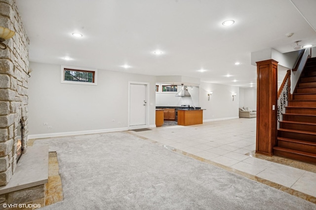 3832 W Chase Ave, Lincolnwood, IL 60712 - unfurnished living room with light tile patterned flooring, recessed lighting, and stairs