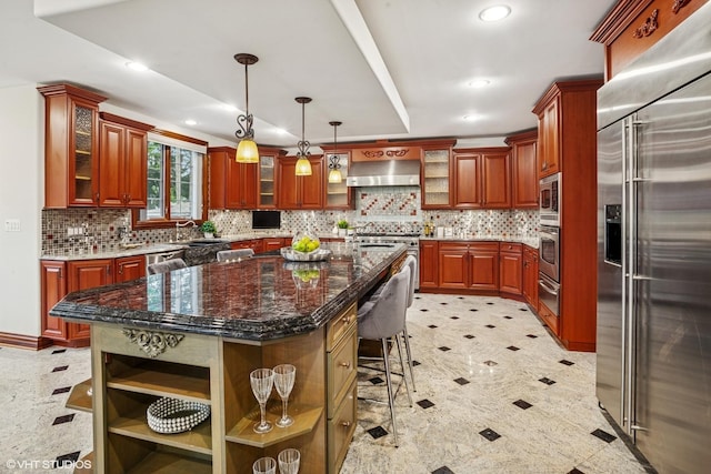 3832 W Chase Ave, Lincolnwood, IL 60712 - kitchen with high end appliances, a warming drawer, wall chimney range hood, a breakfast bar, and open shelves