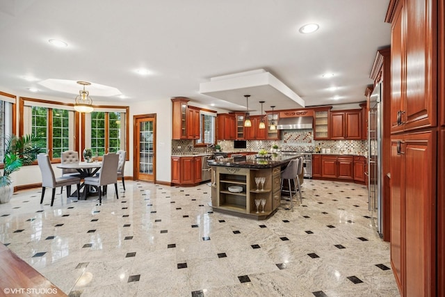 3832 W Chase Ave, Lincolnwood, IL 60712 - kitchen with appliances with stainless steel finishes, open shelves, wall chimney range hood, tasteful backsplash, and glass insert cabinets