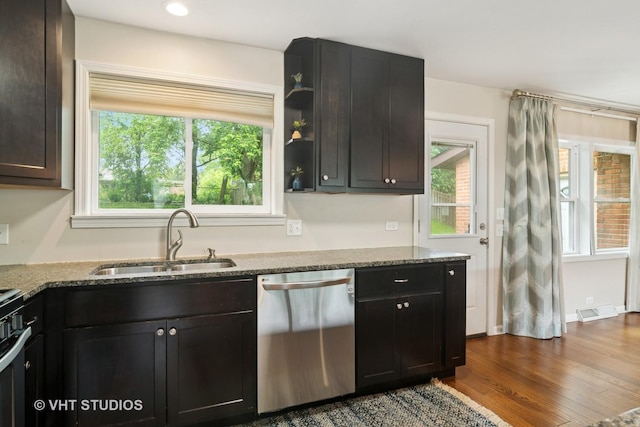 354 W Pleasant Hill Blvd, Palatine, IL 60067 - kitchen with dishwasher, stone counters, dark wood-style floors, open shelves, and recessed lighting