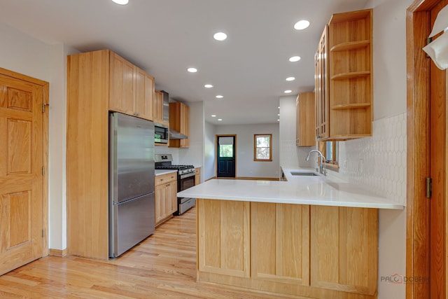 26371 N Elmwood Ave, Mundelein, IL 60060 - kitchen featuring appliances with stainless steel finishes, open shelves, a peninsula, light wood-type flooring, and recessed lighting