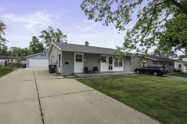 215 Cypress Dr, Streamwood, IL 60107 - ranch-style house with covered porch, a front yard, an outbuilding, a chimney, and a garage