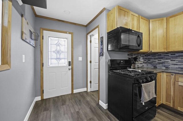 215 Cypress Dr, Streamwood, IL 60107 - kitchen featuring black appliances, tasteful backsplash, dark wood-style flooring, baseboards, and crown molding