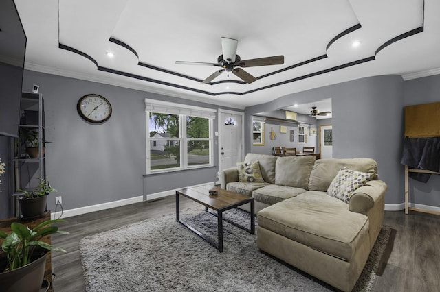 215 Cypress Dr, Streamwood, IL 60107 - living area with ceiling fan, a raised ceiling, wood finished floors, crown molding, and baseboards