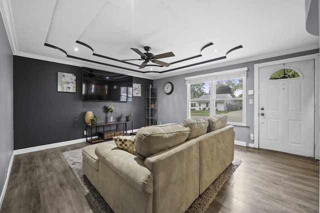 215 Cypress Dr, Streamwood, IL 60107 - living area with ceiling fan, ornamental molding, baseboards, wood finished floors, and recessed lighting