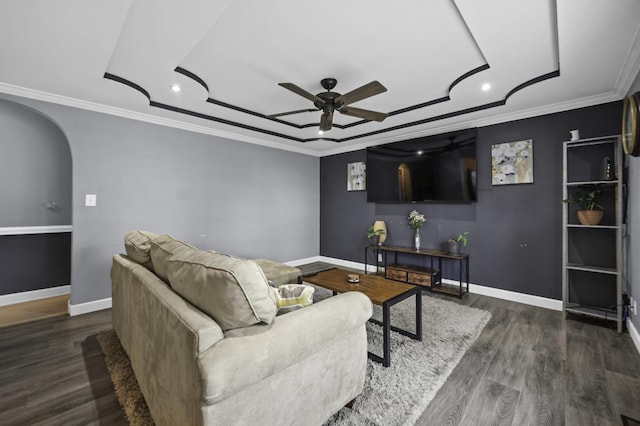 215 Cypress Dr, Streamwood, IL 60107 - living room featuring a ceiling fan, arched walkways, recessed lighting, dark wood finished floors, and baseboards