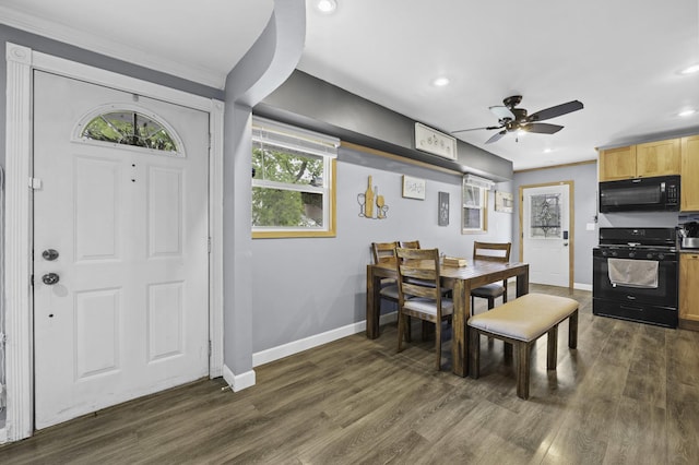 215 Cypress Dr, Streamwood, IL 60107 - dining space featuring baseboards, dark wood finished floors, ceiling fan, recessed lighting, and ornamental molding