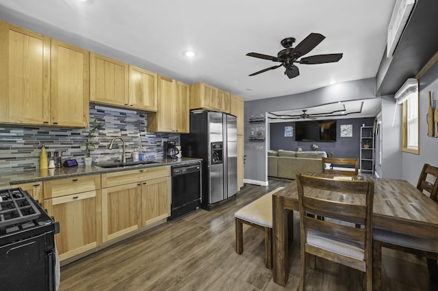 215 Cypress Dr, Streamwood, IL 60107 - kitchen featuring black appliances, a ceiling fan, a sink, light brown cabinets, and decorative backsplash