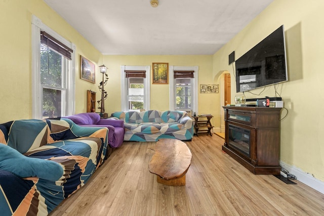 952 Larkin Ave, Elgin, IL 60123 - living area featuring wood finished floors, a glass covered fireplace, and arched walkways
