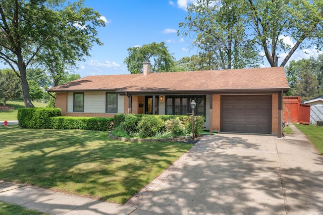 342 Bianco Dr, Elk Grove Village, IL 60007 - single story home with brick siding, a garage, driveway, a front yard, and a chimney
