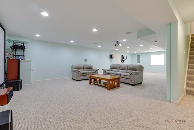 3452 Birch Ln, Naperville, IL 60564 - living room featuring stairway, light carpet, recessed lighting, and baseboards