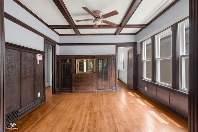 5719 S Spaulding Ave, Chicago, IL 60629 - unfurnished room featuring ceiling fan, light wood-type flooring, coffered ceiling, and beamed ceiling