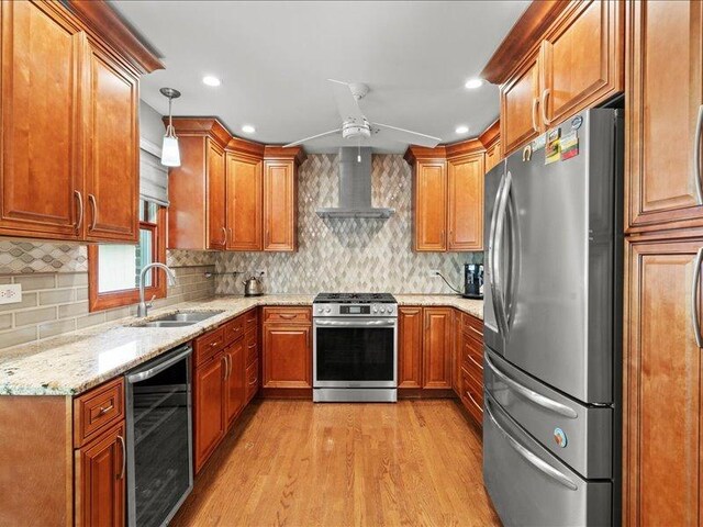 14542 S Mustang Dr, Homer Glen, IL 60491 - dining room featuring wine cooler, light wood finished floors, a chandelier, and recessed lighting