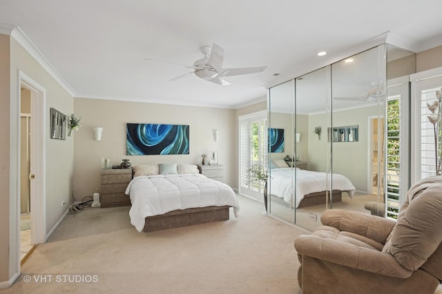 30 W Wimbolton Dr Unit 30, Mount Prospect, IL 60056 - bedroom with ornamental molding, light carpet, a closet, a ceiling fan, and recessed lighting