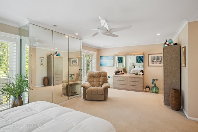 30 W Wimbolton Dr Unit 30, Mount Prospect, IL 60056 - bedroom featuring ornamental molding, carpet, a ceiling fan, recessed lighting, and a closet