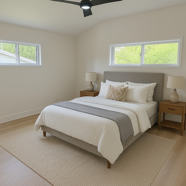 222 S Maple St, Palatine, IL 60067 - bedroom featuring multiple windows, light wood-style flooring, lofted ceiling, and a ceiling fan