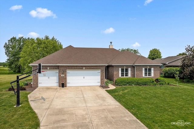 3880 W Nettle Creek Dr, Morris, IL 60450 - view of front of property with a garage, brick siding, a front yard, driveway, and a chimney