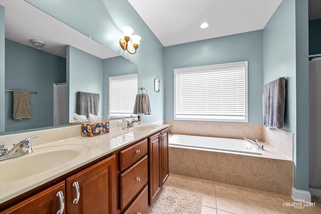 3880 W Nettle Creek Dr, Morris, IL 60450 - full bathroom with a garden tub, double vanity, and tile patterned flooring