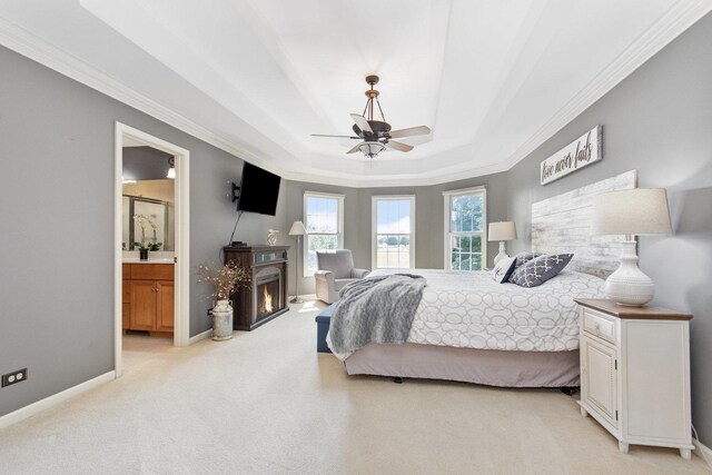 769 Brighton Dr, Sugar Grove, IL 60554 - carpeted bedroom with a raised ceiling, crown molding, multiple windows, and a ceiling fan