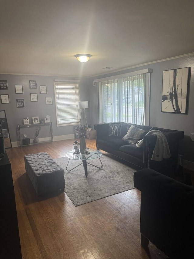 255 Mantua St, Park Forest, IL 60466 - living room featuring wood finished floors, crown molding, and baseboards