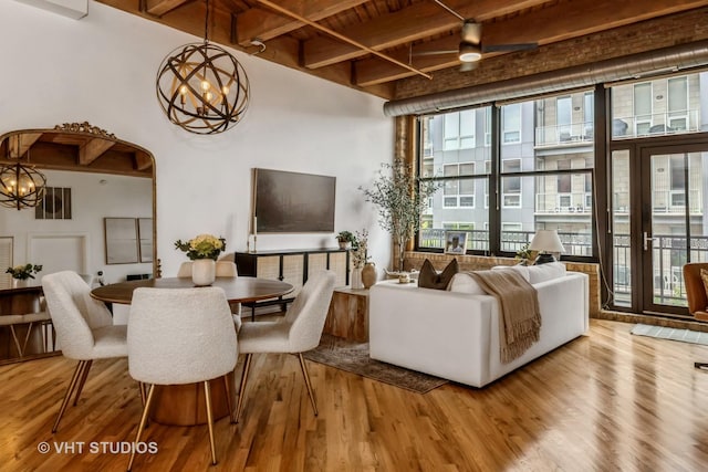 1040 W Adams St Unit 365, Chicago, IL 60607 - living room with wood finished floors, a chandelier, and wooden ceiling with exposed beams