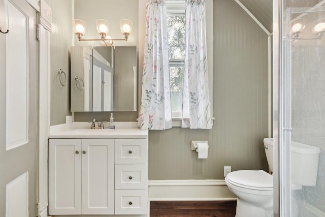 9014 Alden Rd, Harvard, IL 60033 - full bathroom with vanity, wood finished floors, a shower, and ornamental molding