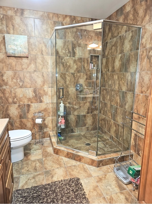 7108 Niles Ave, Niles, IL 60714 - full bathroom with vanity, a shower stall, toilet, tile walls, and stone finish flooring