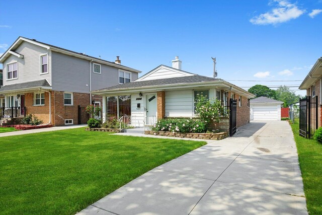 7830 S Kolmar Ave, Chicago, IL 60652 - view of front of home featuring brick siding, a front lawn, an outbuilding, a garage, and a chimney