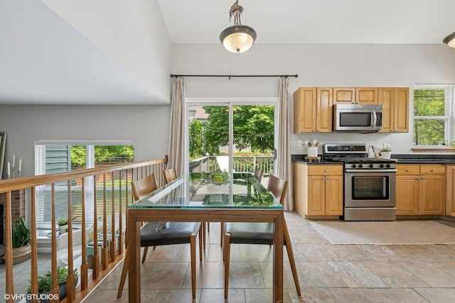 7702 Geneva Dr, Gurnee, IL 60031 - kitchen with appliances with stainless steel finishes, dark countertops, plenty of natural light, and light stone finish flooring