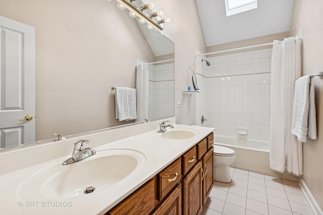 1051 Chadwick Ct, Aurora, IL 60502 - bathroom featuring double vanity, shower / tub combo, tile patterned floors, and a skylight