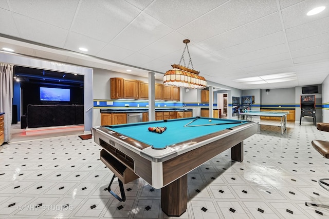 1051 Chadwick Ct, Aurora, IL 60502 - recreation room with pool table, a paneled ceiling, light floors, and recessed lighting