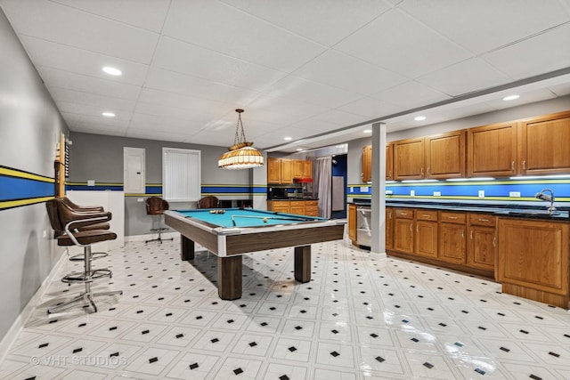 1051 Chadwick Ct, Aurora, IL 60502 - playroom featuring billiards, a drop ceiling, recessed lighting, and light floors