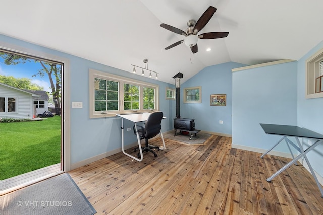 0S706 Madison St, Winfield, IL 60190 - office space with light wood-style flooring, ceiling fan, lofted ceiling, healthy amount of natural light, and a wood stove