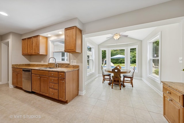 0S706 Madison St, Winfield, IL 60190 - kitchen featuring dishwasher, brown cabinetry, light tile patterned floors, lofted ceiling, and ceiling fan