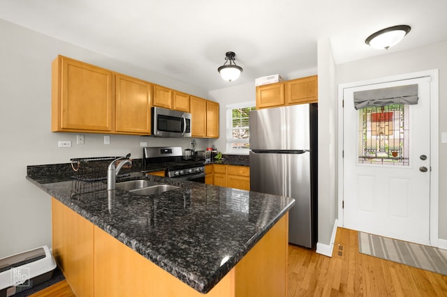 525 W Washington Ave Unit 6, Lake Bluff, IL 60044 - kitchen with appliances with stainless steel finishes, a peninsula, light wood-style flooring, and dark stone countertops