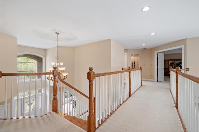 13738 Legend Trail Ln, Orland Park, IL 60462 - hallway featuring a chandelier, light colored carpet, recessed lighting, an upstairs landing, and baseboards